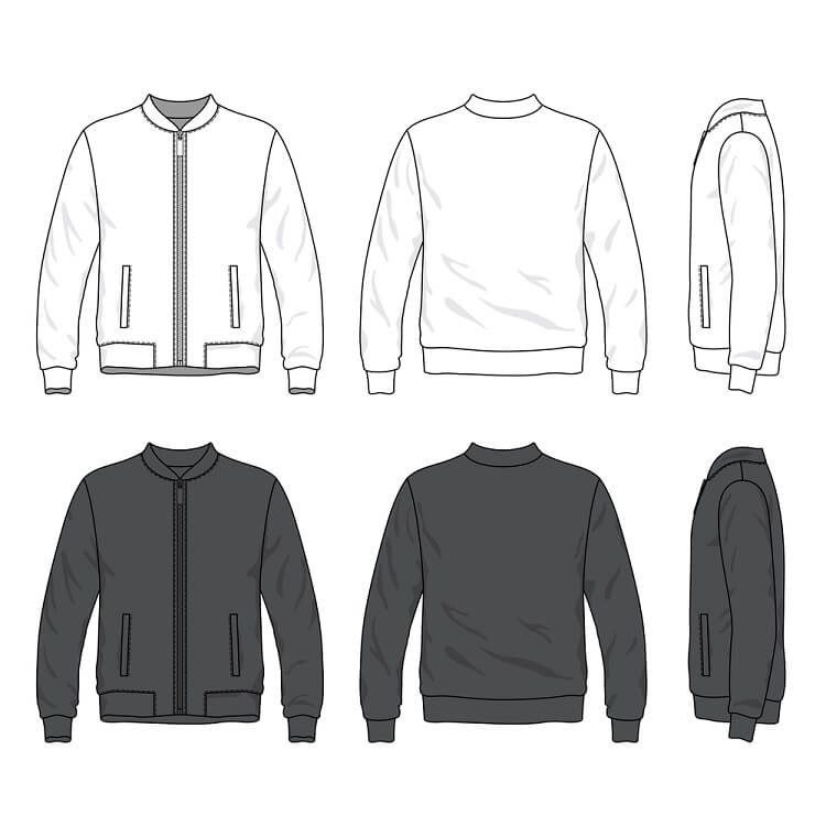 Front, Back And Side Views Of Blank Bomber Jacket With Zipper